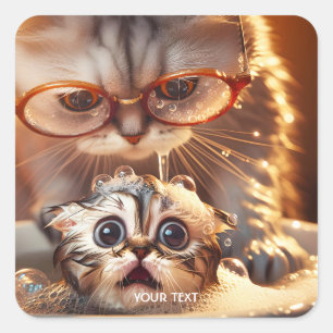 Fantasy Cute Cat Washing Kitten Square Sticker