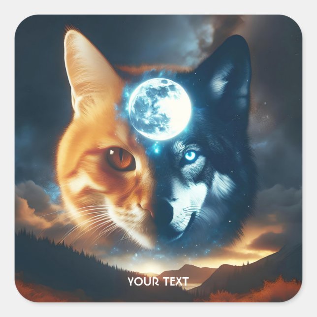 Fantasy Cute Cat Wolf Night Square Sticker (Front)
