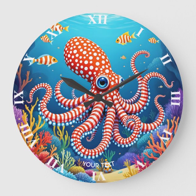 Fantasy Cute Chequered  Octopus Sea Large Clock (Front)