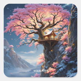 Fantasy Cute Cherry Blossom Tree Square Sticker