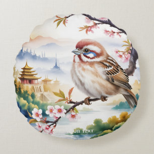 Fantasy Cute Chinese Bird Blossom Round Cushion