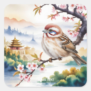 Fantasy Cute Chinese Bird Blossom Square Sticker