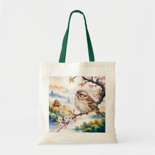 Fantasy Cute Chinese Bird Blossom Tote Bag