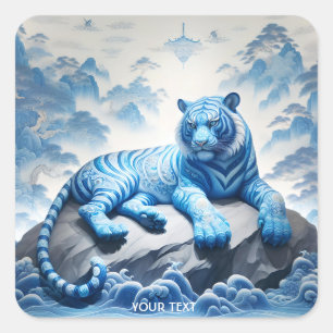 Fantasy Cute Chinese Blue Tiger Square Sticker