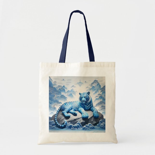 Fantasy Cute Chinese Blue Tiger Tote Bag (Front)