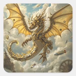 Fantasy Cute Clockwork Dragon Skies Square Sticker
