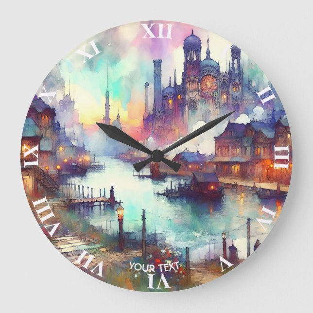 Fantasy Cute Clouds Castle River Large Clock (Front)