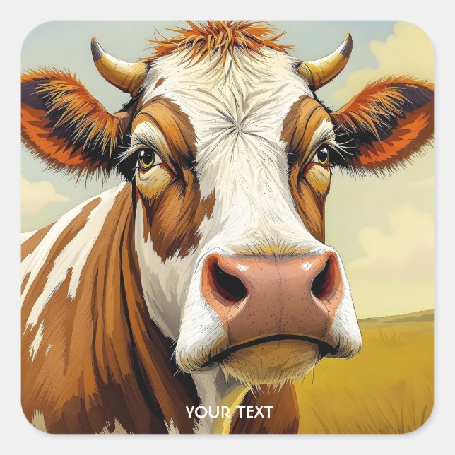 Fantasy Cute Cow Field Clouds Square Sticker (Front)