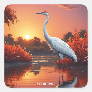 Fantasy Cute Crane Sunset Water Square Sticker