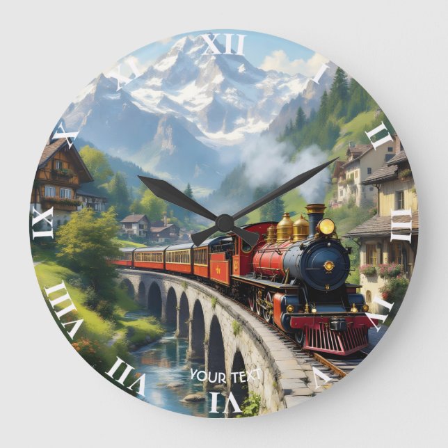 Fantasy Cute Crimson Antique Train Large Clock (Front)