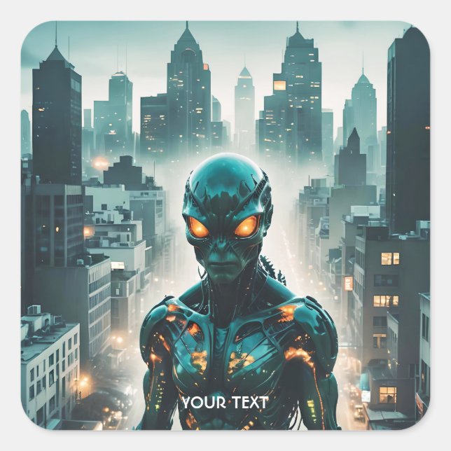 Fantasy Cute Cyborg Evening City Square Sticker (Front)