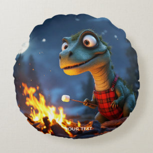 Fantasy Cute Dino Campfire Moon Round Cushion