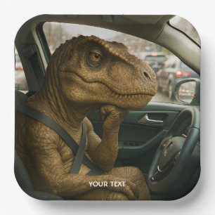 Fantasy Cute Dinosaur Driving Car Paper Plate