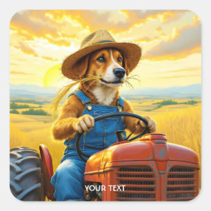 Fantasy Cute Dog Tractor Straw Square Sticker