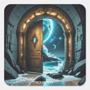 Fantasy Cute Door Ocean Moon Square Sticker