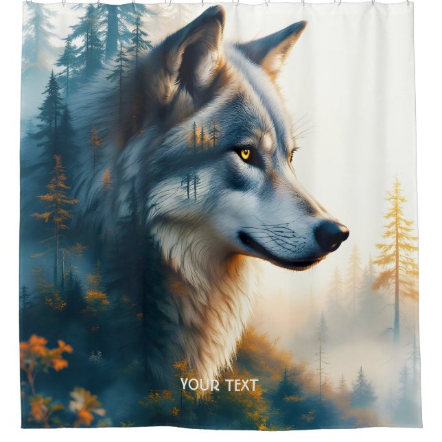 Fantasy Cute Double Exposition Wolf Shower Curtain (Front)