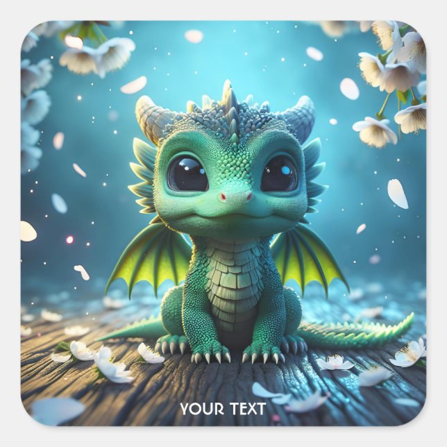 Fantasy Cute Dragon Baby Sakura Square Sticker (Front)
