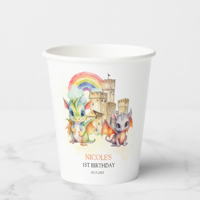 Fantasy Cute Dragon Castle Rainbow Kids Birthday Paper Cups (Front)