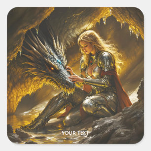 Fantasy Cute Dragon Female Warrior Square Sticker