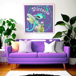 Fantasy Cute Dragon with Flower Cartoon Poster
