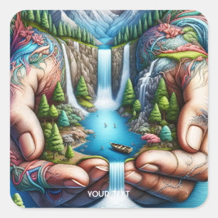 Fantasy Cute Earth Hands Waterfall Square Sticker