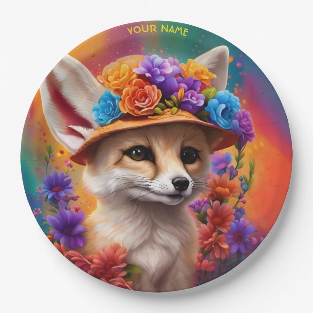 Fantasy Cute Fennec Fox Flowers Paper Plate (Front)