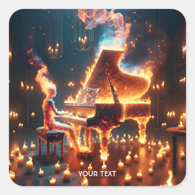 Fantasy Cute Fire Piano Girl Square Sticker (Front)