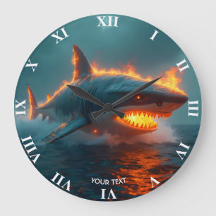 Fantasy Cute Fire Shark Sea Large Clock