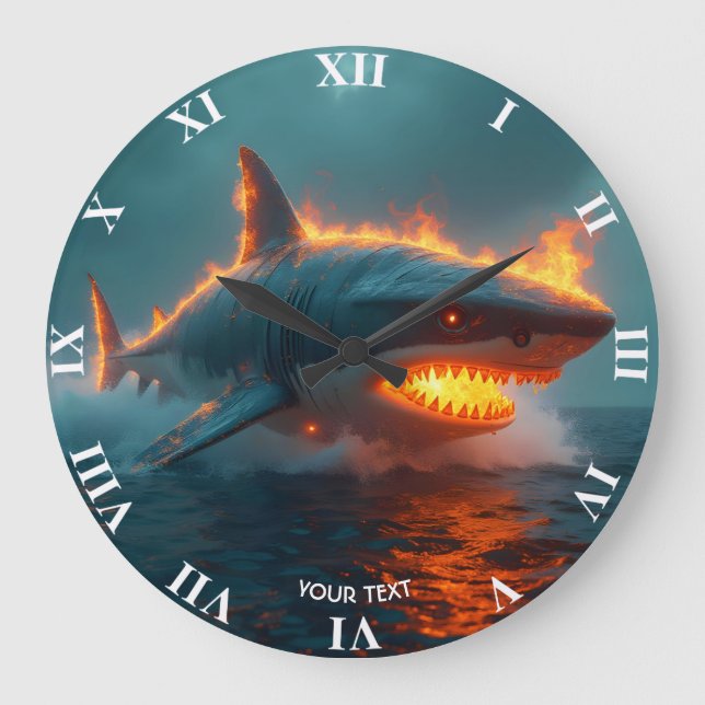 Fantasy Cute Fire Shark Sea Large Clock (Front)