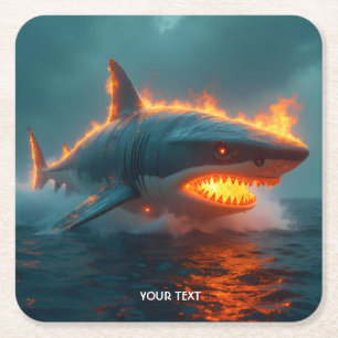 Fantasy Cute Fire Shark Sea Square Paper Coaster
