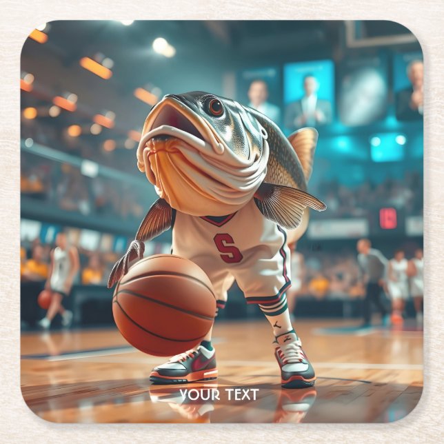 Fantasy Cute Fish Playing Basketball Square Paper Coaster (Front)