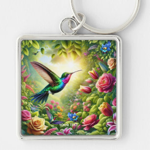Fantasy Cute Flowers Rainbow Hummingbird Key Ring