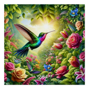 Fantasy Cute Flowers Rainbow Hummingbird Poster