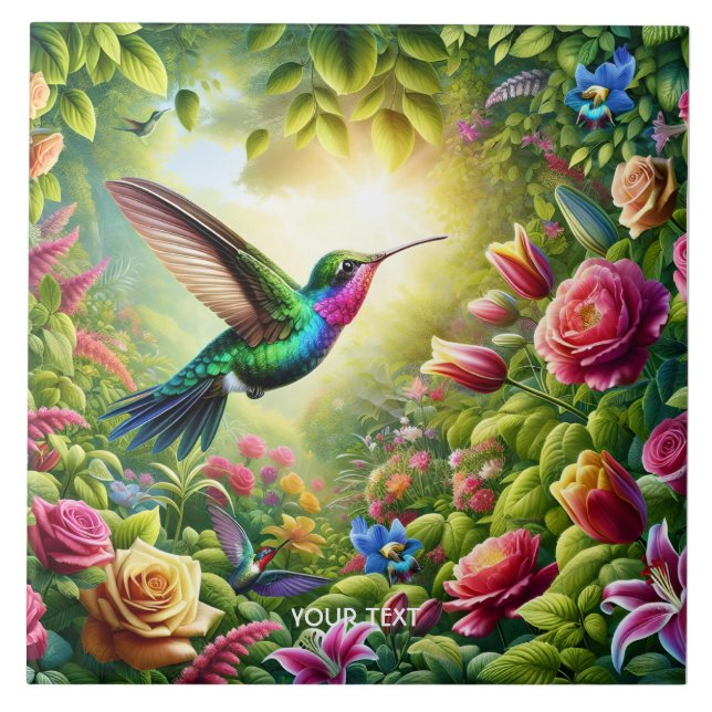 Fantasy Cute Flowers Rainbow Hummingbird Tile (Front)