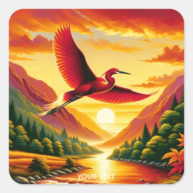 Fantasy Cute Flying Red Egret Square Sticker (Front)