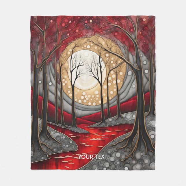 Fantasy Cute Forest Night Red Fleece Blanket (Front)
