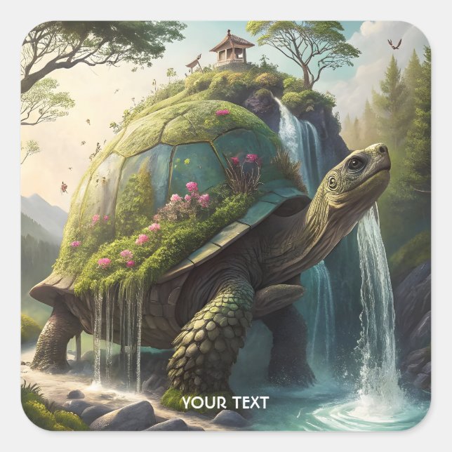 Fantasy Cute Forest Turtle Flowers Square Sticker (Front)