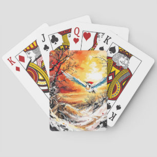 Fantasy Cute Forest Woodpecker Sunset Playing Cards