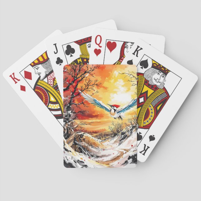 Fantasy Cute Forest Woodpecker Sunset Playing Cards (Back)