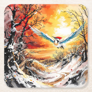 Fantasy Cute Forest Woodpecker Sunset Square Paper Coaster