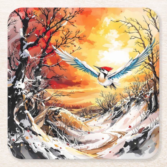 Fantasy Cute Forest Woodpecker Sunset Square Paper Coaster (Front)