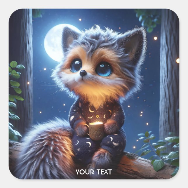 Fantasy Cute Fox Cub Coffee Square Sticker (Front)