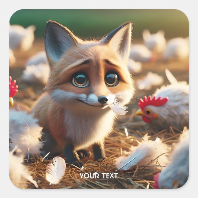 Fantasy Cute Fox Feathers Chicken Square Sticker (Front)