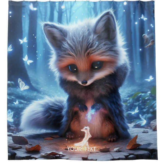 Fantasy Cute Fox Forest Butterflies Shower Curtain (Front)