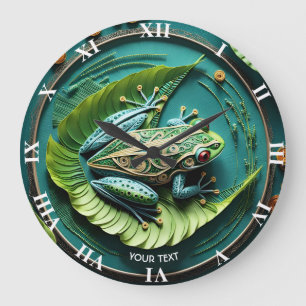 Fantasy Cute Frog Leaves Filigree Large Clock