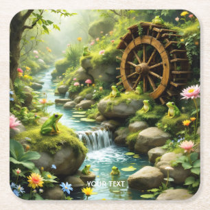 Fantasy Cute Frog River Forest Square Paper Coaster