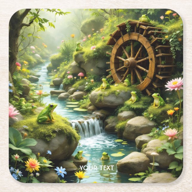 Fantasy Cute Frog River Forest Square Paper Coaster (Front)