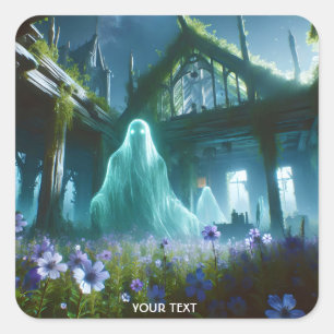 Fantasy Cute Ghost Old House Square Sticker