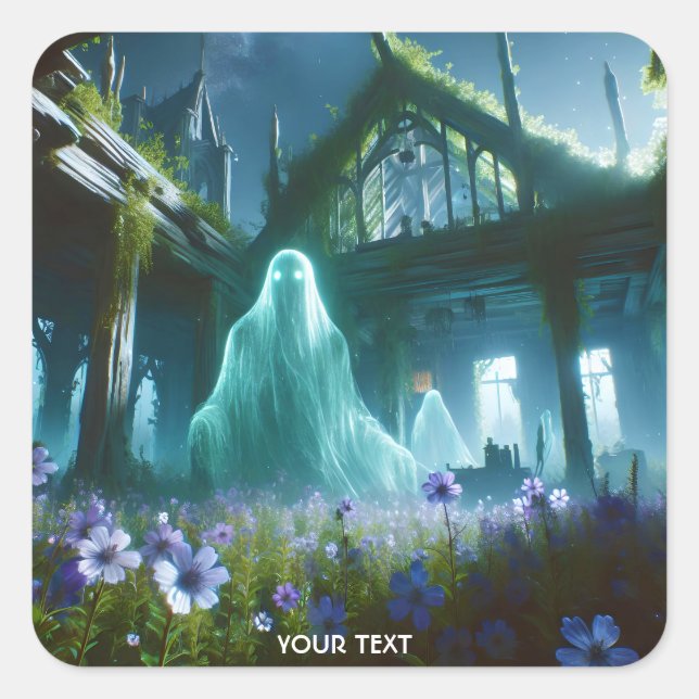 Fantasy Cute Ghost Old House Square Sticker (Front)