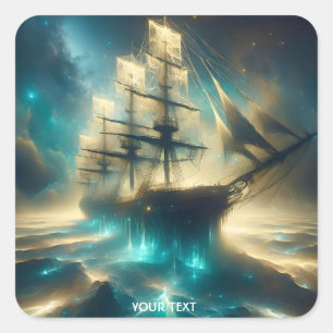 Fantasy Cute Ghost Sea Ship Square Sticker